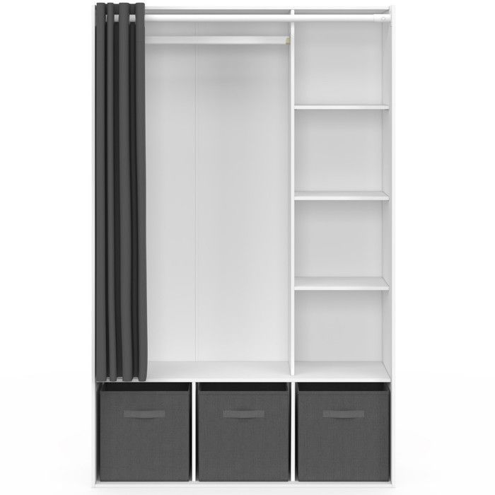 IDMARKET DIANE wardrobe 105 x 45 x 167 cm white with shelves + storage boxes + grey curtain