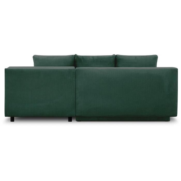 Canapé d'angle droit convertible - 3 places - MIKA - Tissu velours côtelé vert foncé - Coffre de rangement - 192 x 84 x 93 cm