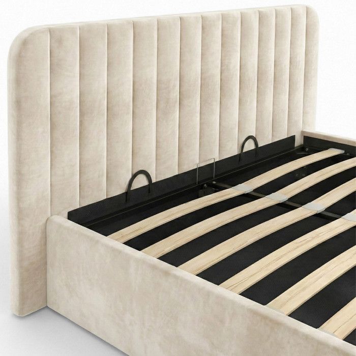 Cama doble con almacenamiento IDMARKET ALBA con cabecero y somier de láminas, 160 x 200 cm, terciopelo beige.