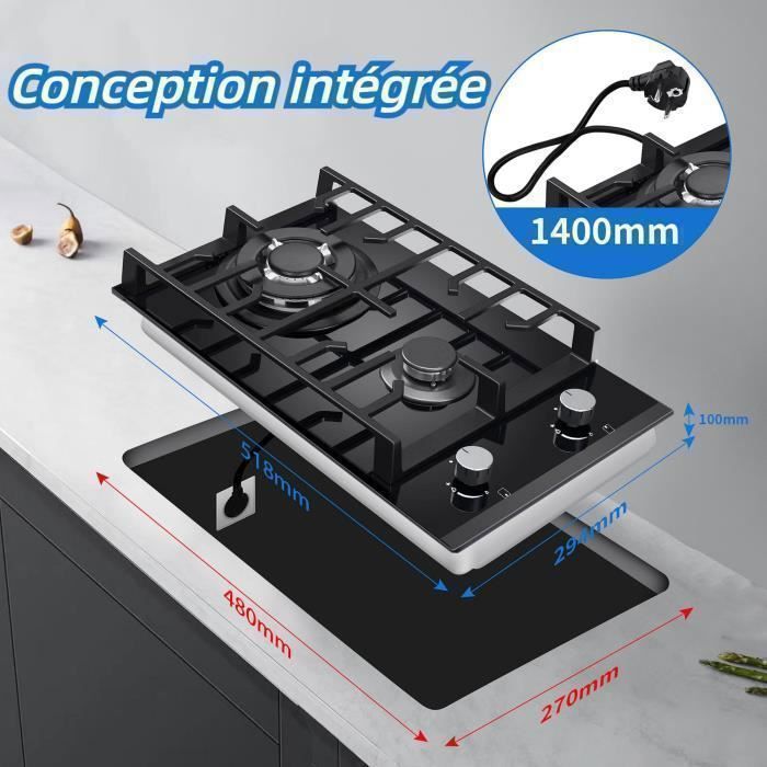 Plaque de Cuisson à Gaz - 5200W - 2 foyers - Gaz Naturel/Propane - Plaque Gaz Inox Encastrable - Table Gaz