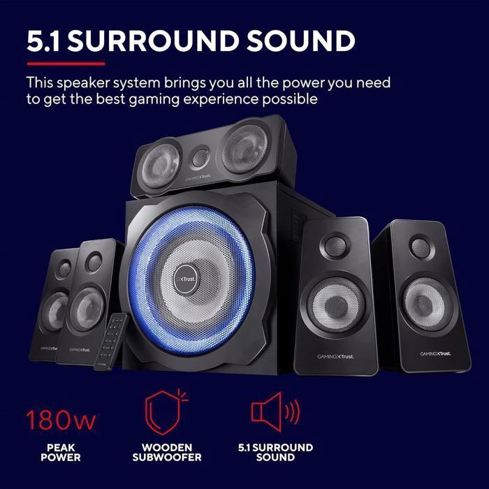 Kit enceintes PC 5.1 - Trust - GXT 658 Tytan - 180W RMS - Son surround immersif - Subwoofer puissant - Télécommande