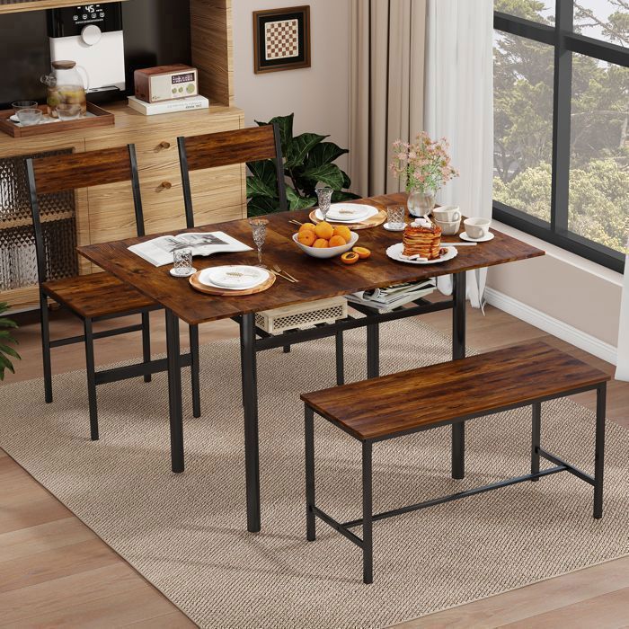 Juego de comedor con mesa, 2 sillas y banco, juego de comedor de 4 piezas, mesa de comedor extensible, marrón.