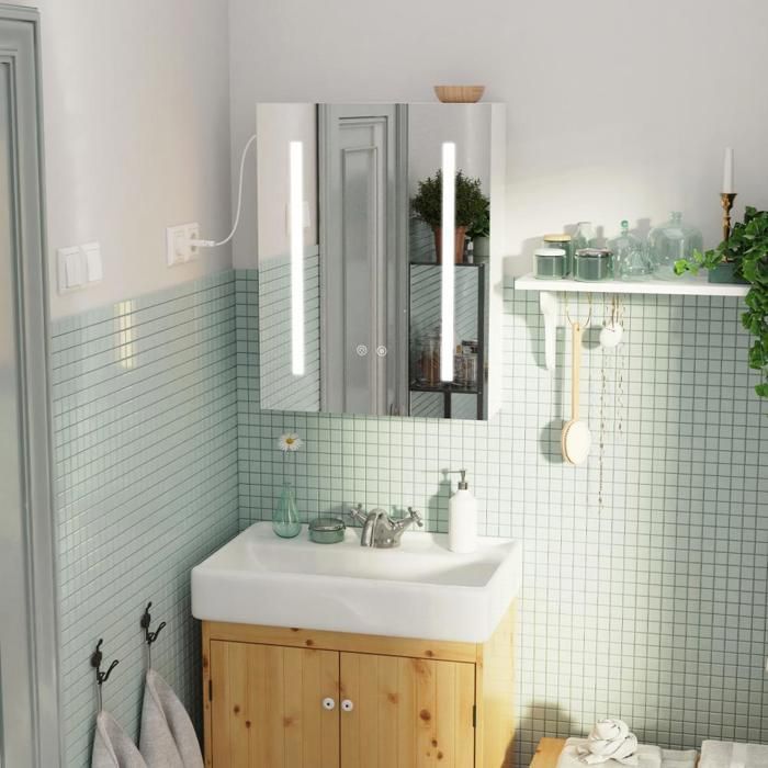 MIPAN. Armoire Miroir de Salle de Bain - Avec Rangement + Miroir +  LED - Blanc Armoire de Salle de Bain Murale -  80 x 60 x15cm