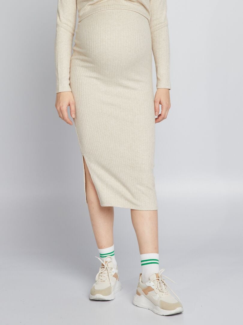 Geribbelde gebreide midi-rok voor zwangere vrouwen - BEIGE