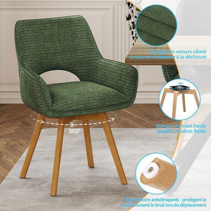 WAFTING Lot de 6 Chaises de Salle à Manger, Fauteuil Pivotantes avec Accoudoirs, Rembourrées avec Dossier en Velours,Bois Pied,Vert