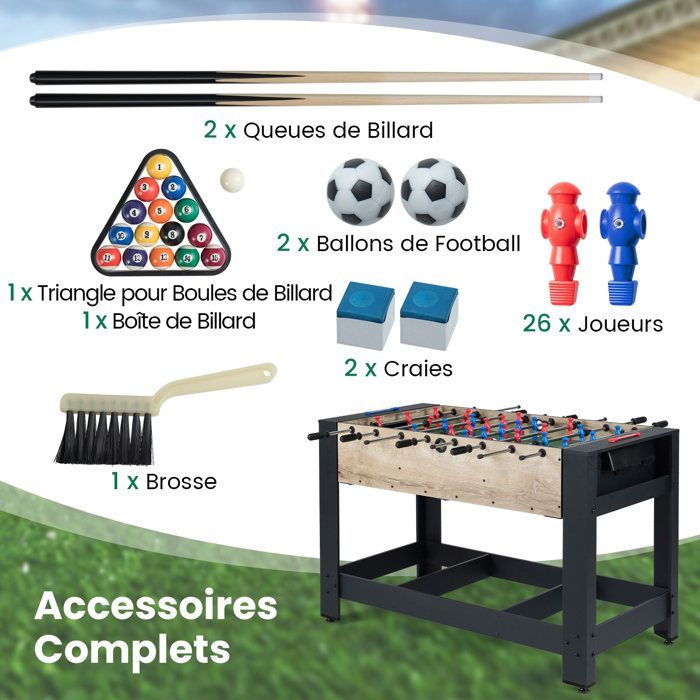Mesa multijuegos 2 en 1 COSTWAY - Futbolín y billar para niños - 93 x 52 cm - Accesorios: 2 bolas, 2 tacos, triángulo, cepillo, tiza - Para adolescentes