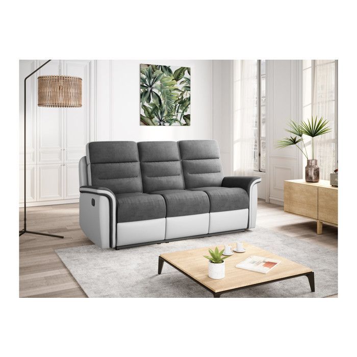 Sofá reclinável de 3 lugares LÉON em microfibra e couro sintético - Branco e cinza - L191 x P94 x A100cm - LOUNGITUDE