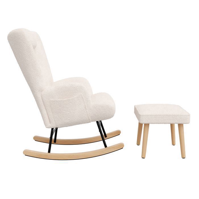 Fauteuil à Bascule avec Tabouret, Chaise a basule avec Appui-tête et Poche latérale, Fauteuil Allaitement en Tissu Teddy, Blanc