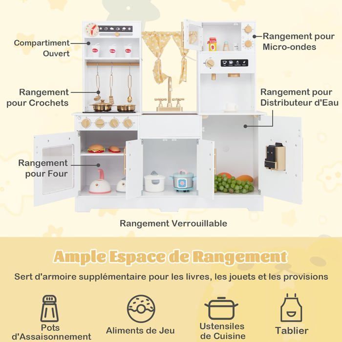 COSTWAY Cuisine de Jeu pour Enfants 3 Ans+ avec 6 Accessoires, Cafetière, Micro-ondes, Four, Sons et Lumières Réels, 90 x 30 x 90
