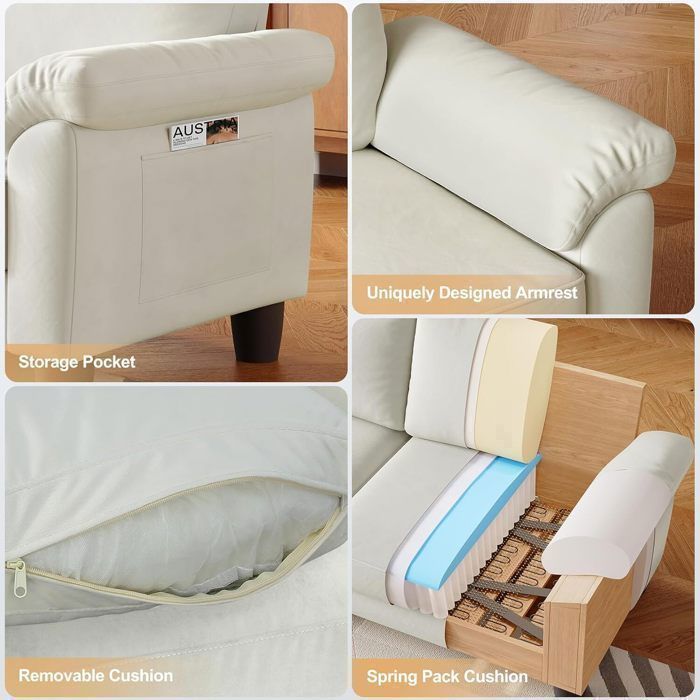 Sofá de 3 plazas de terciopelo beige para salón, sofá moderno escandinavo con 2 cojines, bolsa de almacenamiento, 178x76x87cm