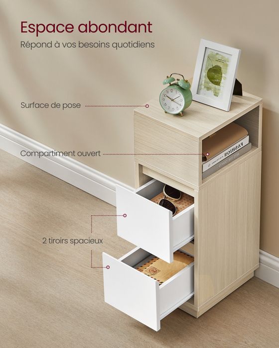 VASAGLE Narrow Bedside Table, Set of 2, 2 Drawers and Open Compartment, Left or Right Mounting, Beige and White