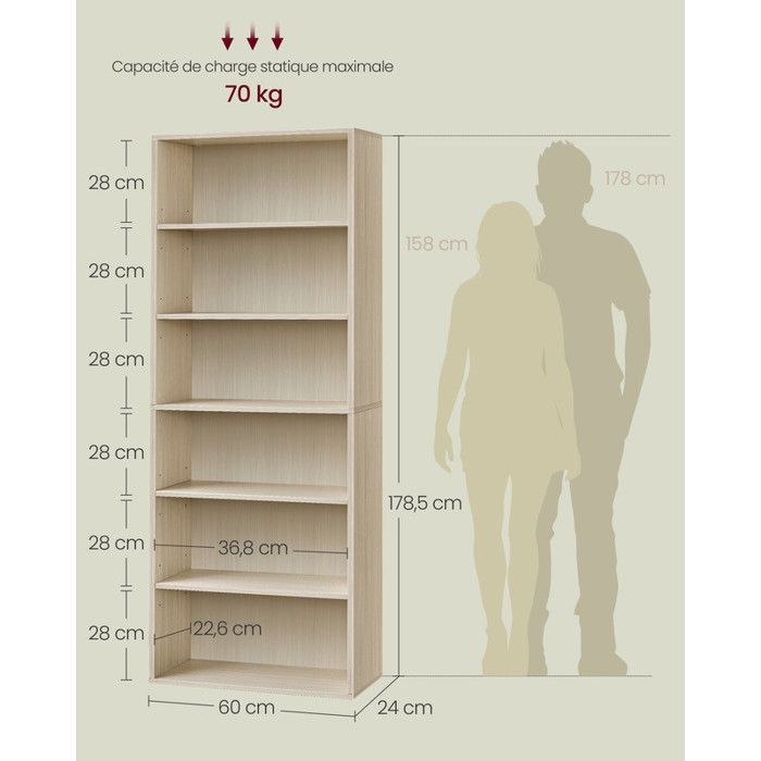 VASAGLE Boekenkast, 6-laags open schapunit, 24 x 60 x 178,5 cm, voor woonkamer, kantoor, beige