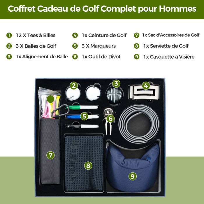 Juego de herramientas de golf COSTWAY de 24 piezas para hombre: incluye 3 pelotas, 12 tees de golf, herramienta para reparar divots, toalla, cinturón, gorra, marcador y bolsa.