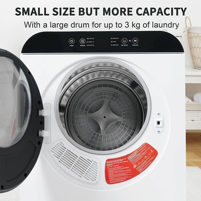 Compact tumble dryer, 3 kg capacity, 830 W, 6 programs, UV/high temperature sterilization, 10–180 min timer, wall-mounted, energy class G