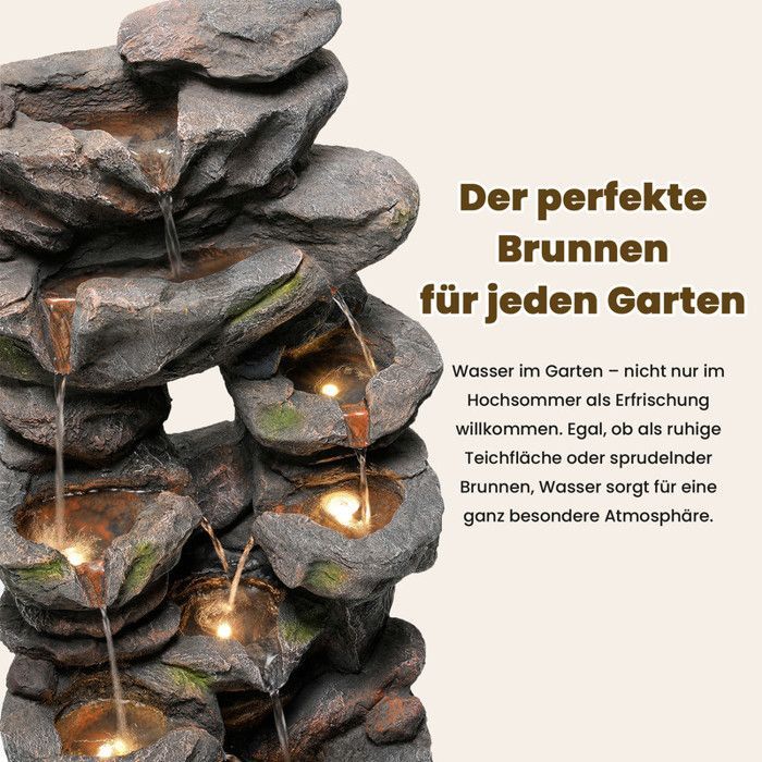 Fuente de jardín con iluminación LED - Aspecto de piedra natural - Bomba de agua integrada - Iluminación LED - 46x36x90 cm