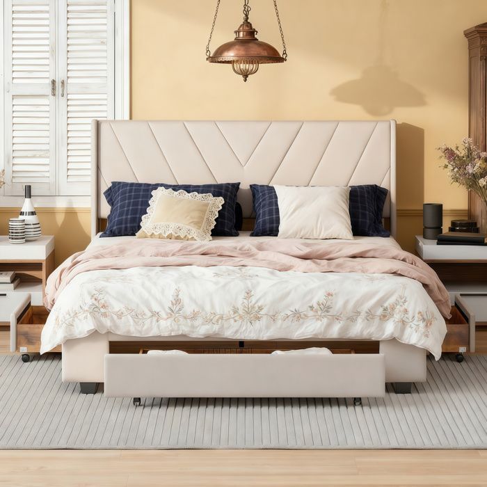 Cama de 140x190 cm, estampado de líneas, estilo minimalista moderno, cama para adultos, estructura de cama doble de 140x190 cm, lino, beige