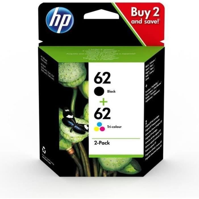 HP 62 Pack of 2 Genuine Black and Tri-Color Ink Cartridges (N9J71AE) for Officejet Mobile 250, Envy 5540/5640/7640