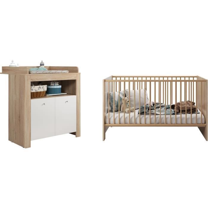 Conjunto PIA Baby Room Duo - Berço 70x140 cm + Cômoda com Trocador de 2 Portas - Acabamento em Carvalho Sonoma e Branco Fosco - TRENDTEAM