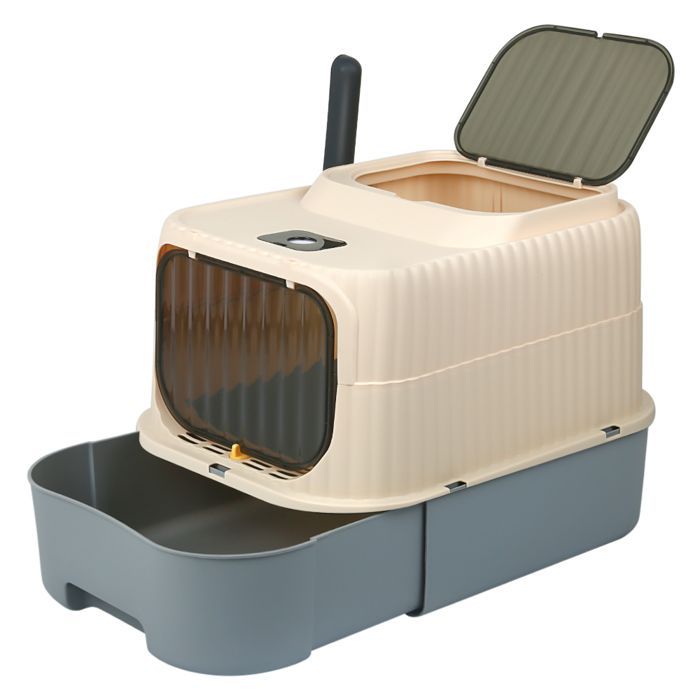 Lettiera chiusa per gatti di grossa taglia, modello a forma di casa, con vassoio rimovibile, paletta, spazzola, capacità 18 kg, a prova di perdite, colore grigio.