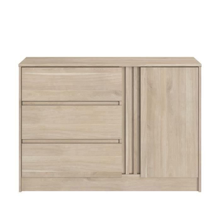 ESCALE Chest of Drawers - 3 Drawers - 1 Door - Oak Finish - W 109.8 x H 76.8 x D 50 cm