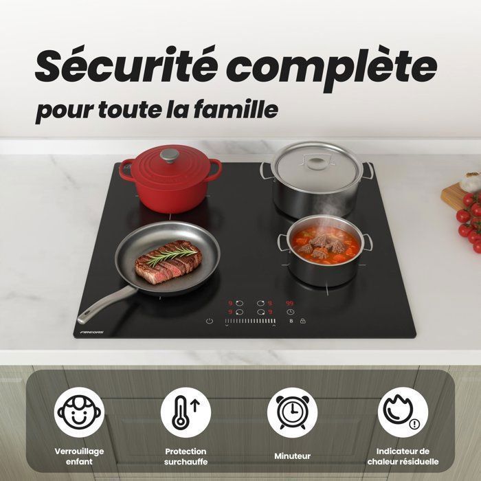 FIREGAS induction hob, 4 zones, 7400 W, fast and precise cooking, 59 cm