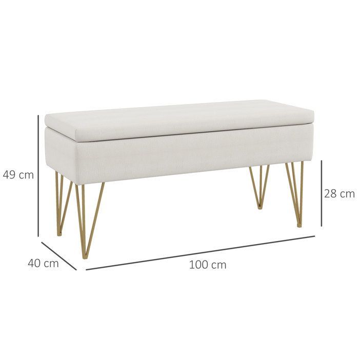 Panca da letto - HOMCOM - Panca contenitore 2 in 1 con gambe a forcina in acciaio dorato - lino - 100x40x49cm - crema