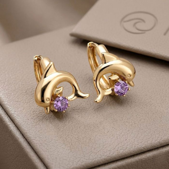 Boucles d'Oreilles - Créoles - Dauphin - Zircon - Lavande - Plaqué Or Jaune 750/1000 - 14 mm - Femme/Fille