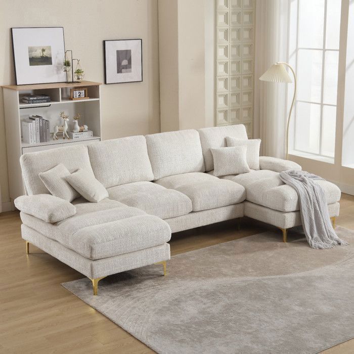Panorama-Ecksofa in U-Form, 5/6-Sitzer, aus weißem Chenille-Samt – für Wohnzimmer, Büro, Wohnung – B 272 x T 136 x H 88 cm