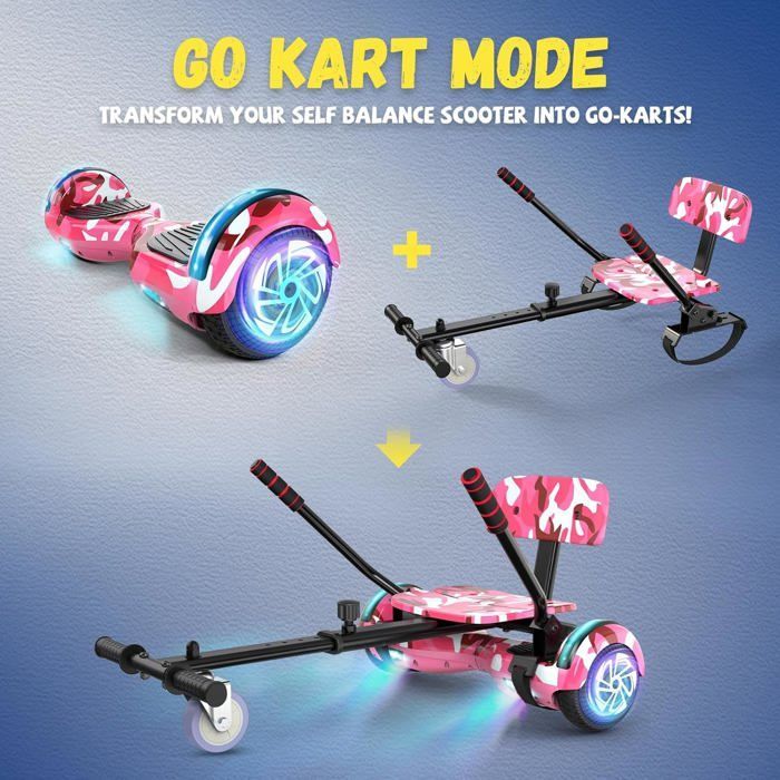 Hoverboard with integrated seat, 6.5 inches with Bluetooth speaker and LED lights for children (including pedal kart), Pink
