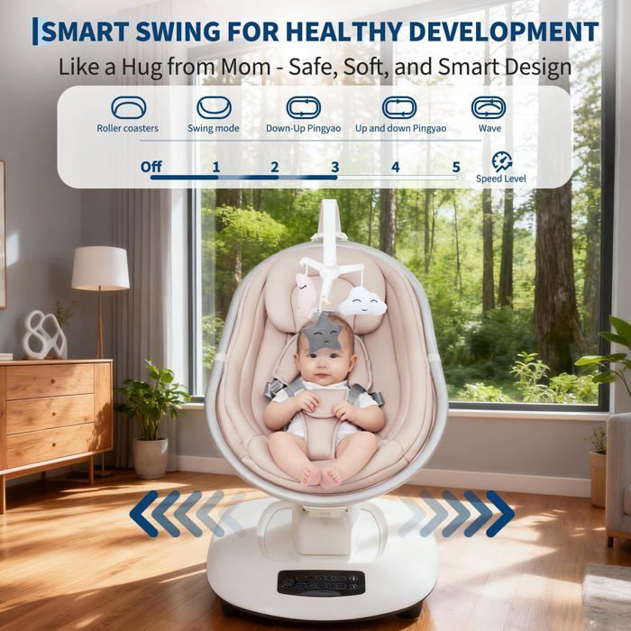 Columpio eléctrico para bebé - Control remoto inteligente - Tecnología de balanceo 5D - Modo de inclinación adaptativo - Beige