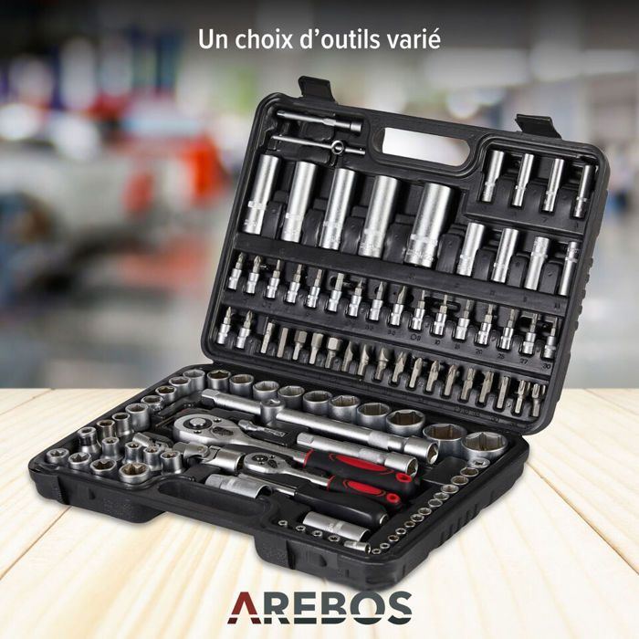 AREBOS Mallette à outils 108 pièces Jeu de douilles Outils Douilles Cliquet Boîte