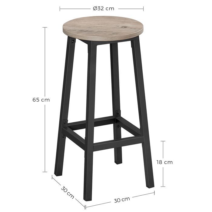 Tabourets hauts - VASAGLE - Lot de 2 - Cadre en acier - Hauteur 65 cm - Style industriel - Grège et Noir