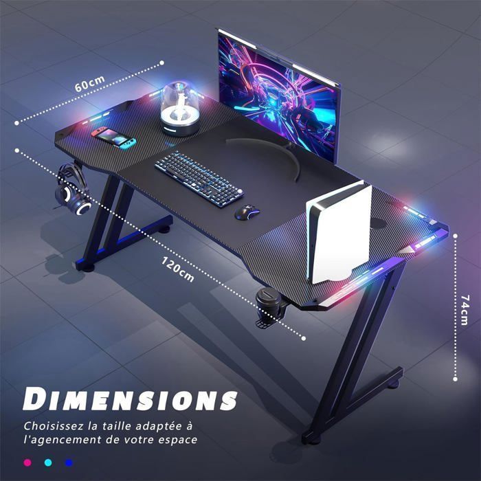 HLONONE 120 x 60 cm LED gamingbureau, groot gamingbureau, met muismat, bekerhouder en hoofdtelefoonhaak, koolstofvezel, zwart