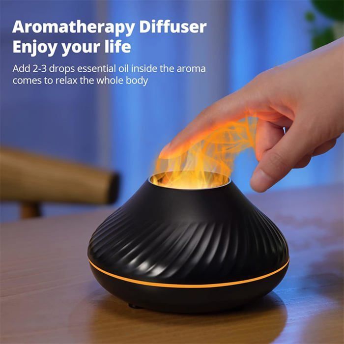 Difusor de óleos essenciais para aromaterapia, umidificador de ambiente, plugue USB, 7 cores de chama, preto