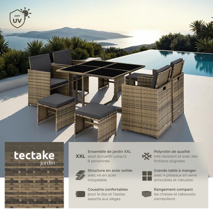 Conjunto de jardín - TECTAKE - Conjunto de salón de jardín de 8 plazas con fundas BILBAO, sillones apilables, resina tejida - Marrón natural