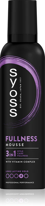 Mousse para cabelo Syoss Fullness com fixação muito forte.