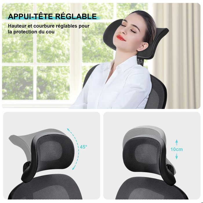 Chaise de Bureau Ergonomique Hauteur Ajustable avec Appuie-Tête et Accoudoir Réglables Fauteuil de Bureau Maille Respirante - Noir