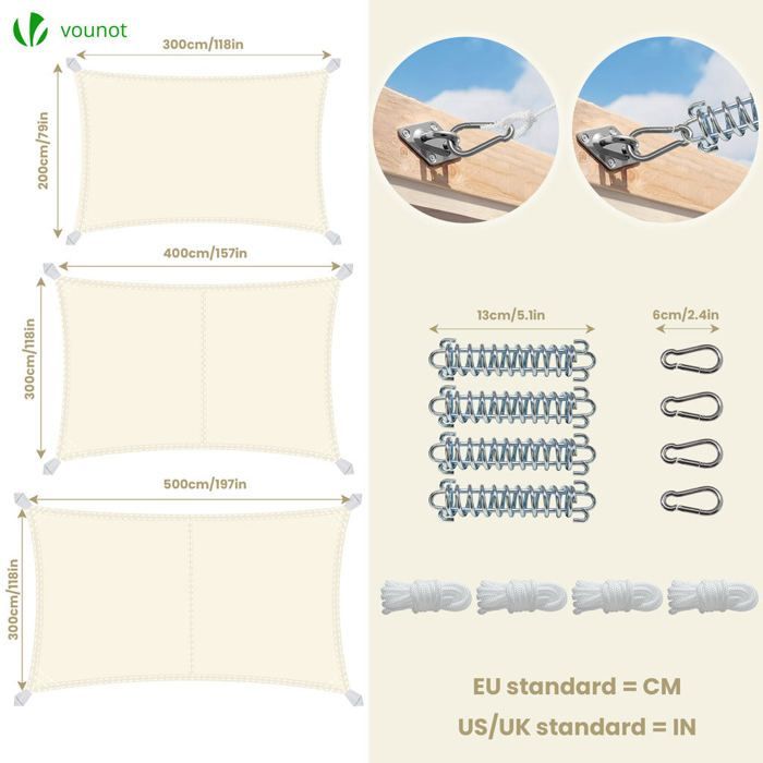 Vela de sombra rectangular impermeable de poliéster VOUNOT® con kit de montaje, 3x2 m, color beige.