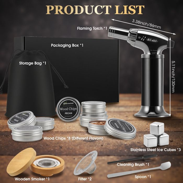 Kit Fumoir Whisky avec 8 Bois Aromatiques, Kit Fumoir à Cocktail Portable pour Boissons, Viandes et Fromages, Idée Cadeau