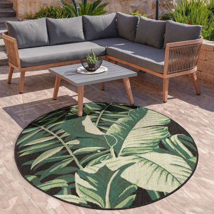 Tappeto da esterno Paco Home per patio, soggiorno, cucina, motivo giungla boho con palme, nero e verde, rotondo, 160 cm