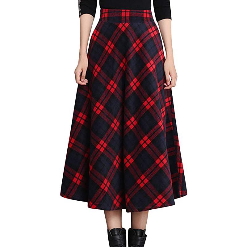 Jupe longue plissée trapèze en laine à carreaux, chaude et à taille élastique, pour femme, idéale pour l'hiver.