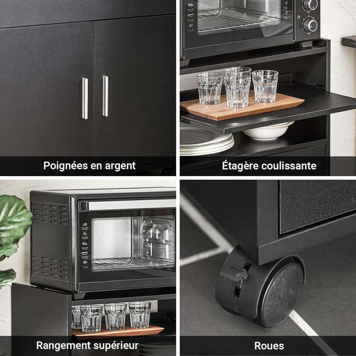 SoBuy Desserte de Cuisine à Roulettes avec Plan de Travail Extensible, 1 Tiroir, 2 Étagères, Meuble Micro-Ondes Noir 59x40x92 cm