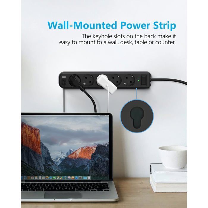 Regleta protectora contra sobretensiones con 5 tomas USB, 3 puertos USB y cargador de viaje (5V 2.4A/12W) - Regleta protectora contra sobretensiones