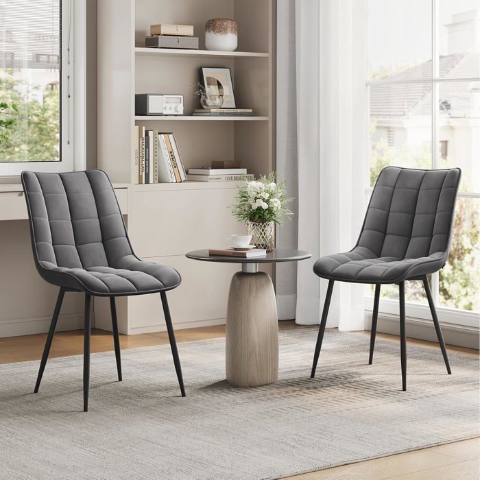 WOLTU Lot de 2 Chaises de salle à manger, Chaise de cuisine,Chaises scandinaves Siège en velours Pieds en métal, Gris foncé