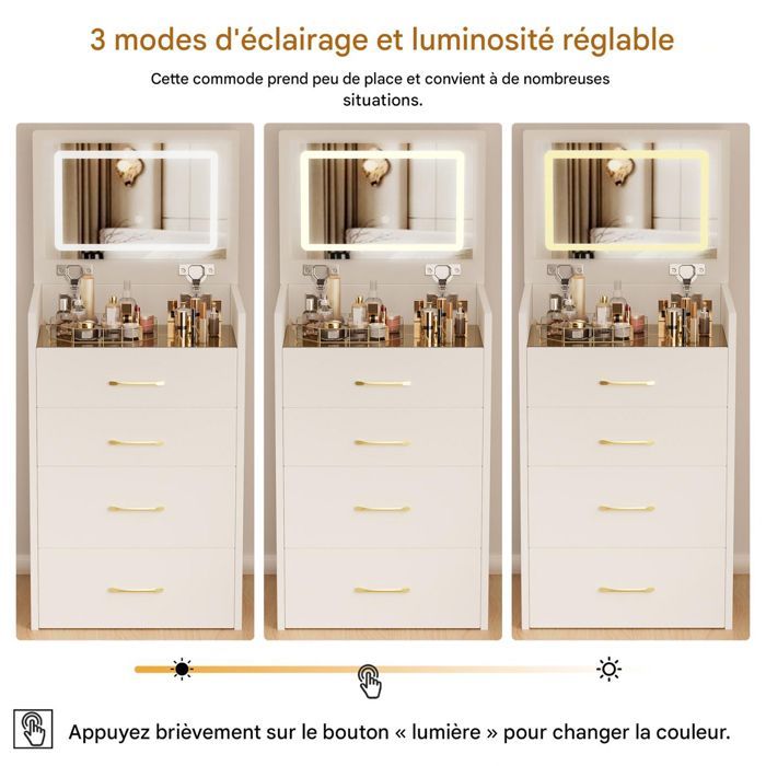 POCKETPOP Coiffeuse avec miroir et led, petit coiffeuse, 3 Tiroirs de Rangement, Style moderne, Blanc