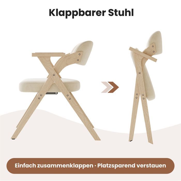 2er-Set Esszimmerstühle – Klappbar – Samtkissen – Massivholz – Stühle für Esszimmer, Wohnzimmer, Café – Beige