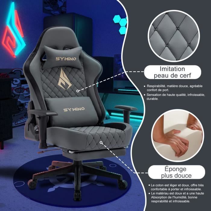 Symino Gaming-Stuhl, ergonomischer Rennstuhl, verstellbarer Drehstuhl mit Fußstütze, Grau