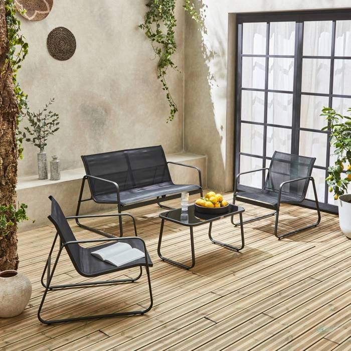 Set di mobili da giardino in metallo e textilene per 4 persone. Grigio scuro e nero. Design