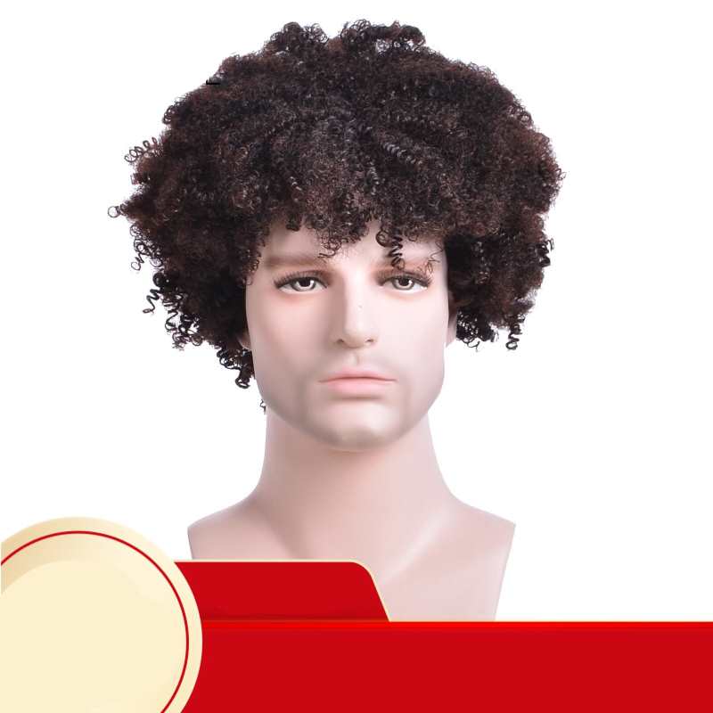 Short Afro Curly Synthetic Hair Wig with Bangs for Men Natural Hair Bangs American Style Halloween Man Wig