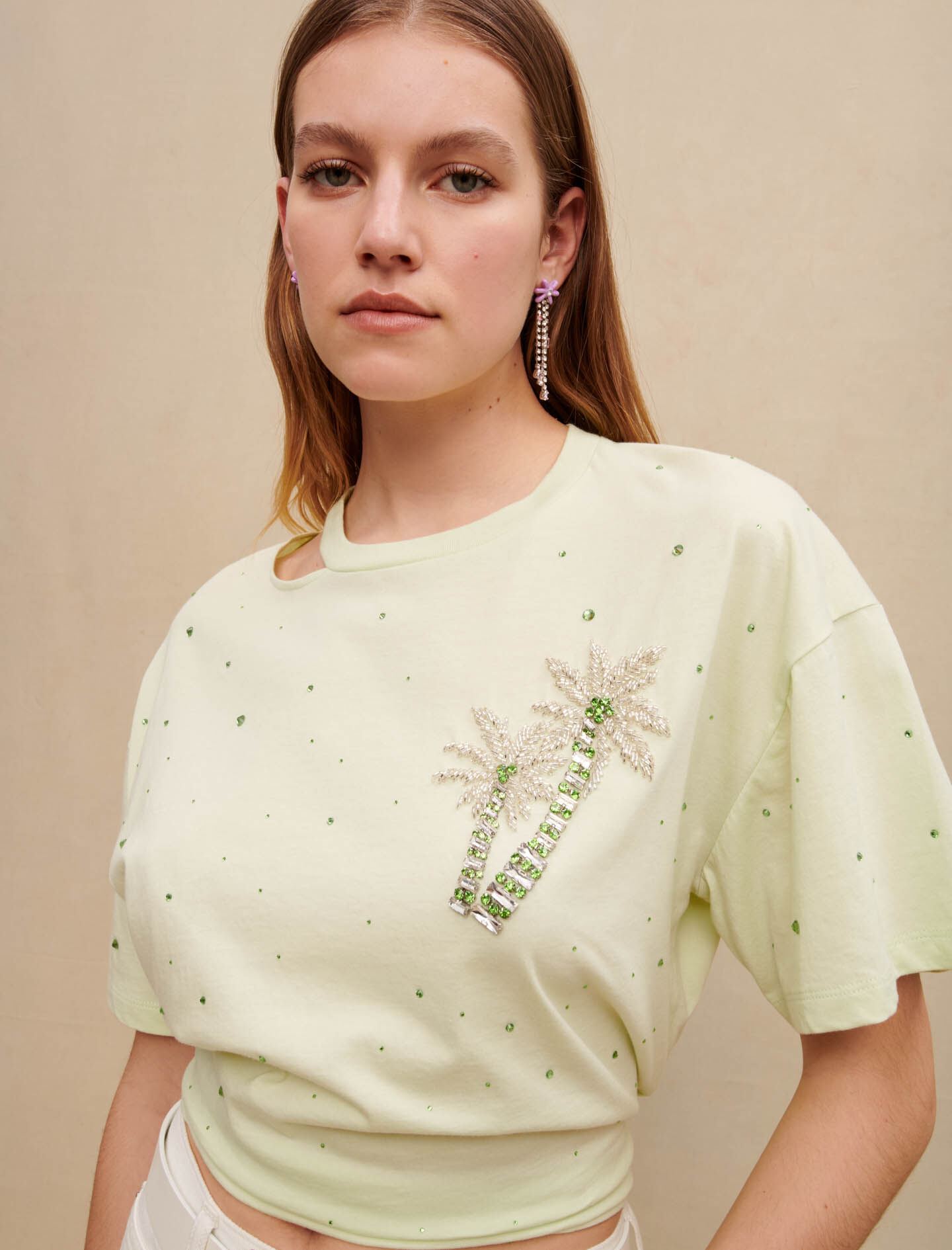 Tricou cu cristale și palmieri - Vert acid